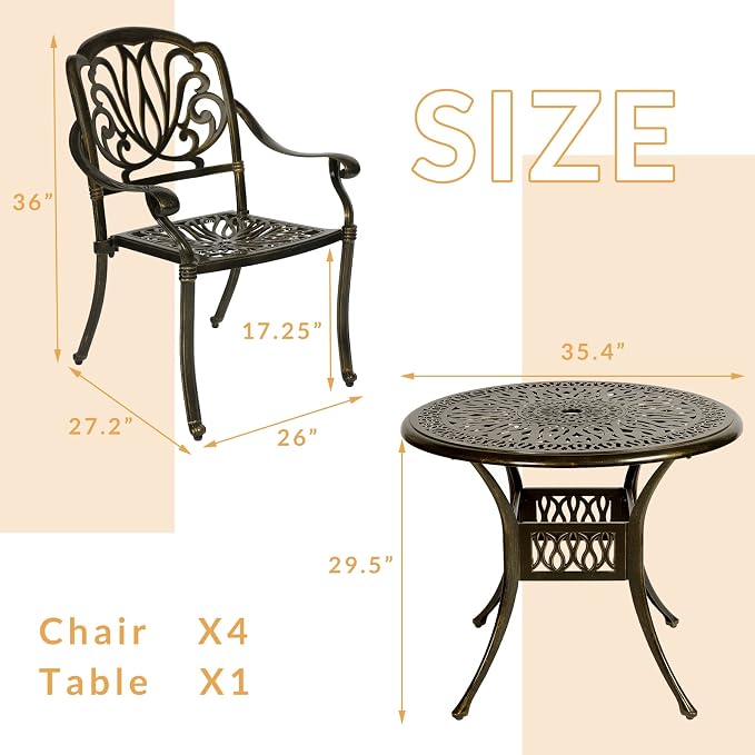5-Piece Outdoor Patio Dining Set, All-Weather Cast Aluminum Patio Furniture Set with 4 Chairs and 35.4" Round Table for Backyard Garden Deck, 2" Umbrella Hole