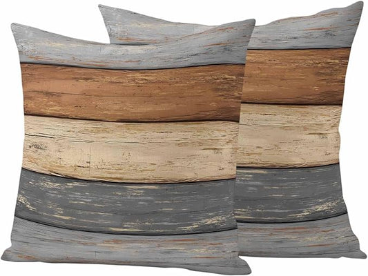 Farmhouse Haze Blue Brown Outdoor Waterproof Pillow Covers, Vintage Wooden Striped Decorative Square Throw Pillowcase Sofa Cushion Sham for Patio/Couch/Chair, 16"x16" 2 Pack