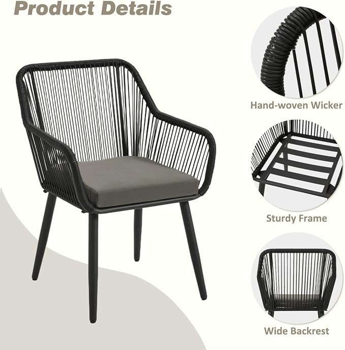 ECOTOUGE 5 Piece Patio Dining Set, Wicker Outdoor Furniture Set w/Glass Table, 4 PCS Chairs w/Waterproof Cushions for Backyard Garden Deck (Grey/Black, Round)