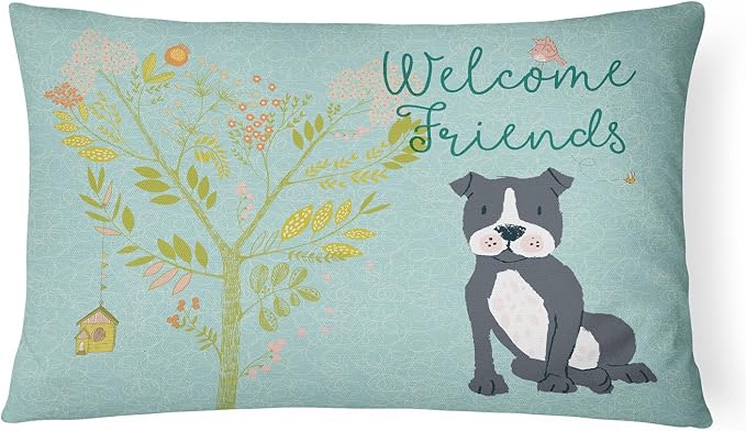 Caroline's Treasures BB7623PW1216 Welcome Friends Black Staffie Canvas Fabric Decorative Pillow Machine Washable, Indoor Outdoor Decorative Pillow for Couch, Bed or Patio, 12HX16W