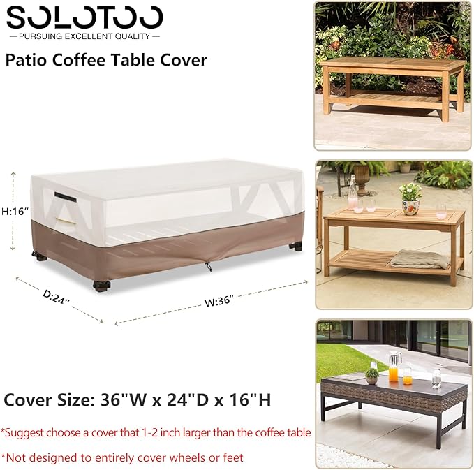 Outdoor Coffee Table Cover Waterproof, Heavy Duty Patio Rectangular Side Table Covers, 36W x 24D x 16H Inches Outdoor Tables Cover (Beige)