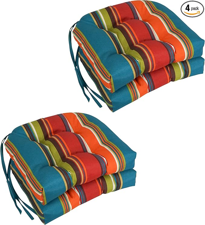 Blazing Needles Spun Polyester Patterned Outdoor U-Shaped Tufted Chair Cushions Set, Set of 4, 16", Westport Teal