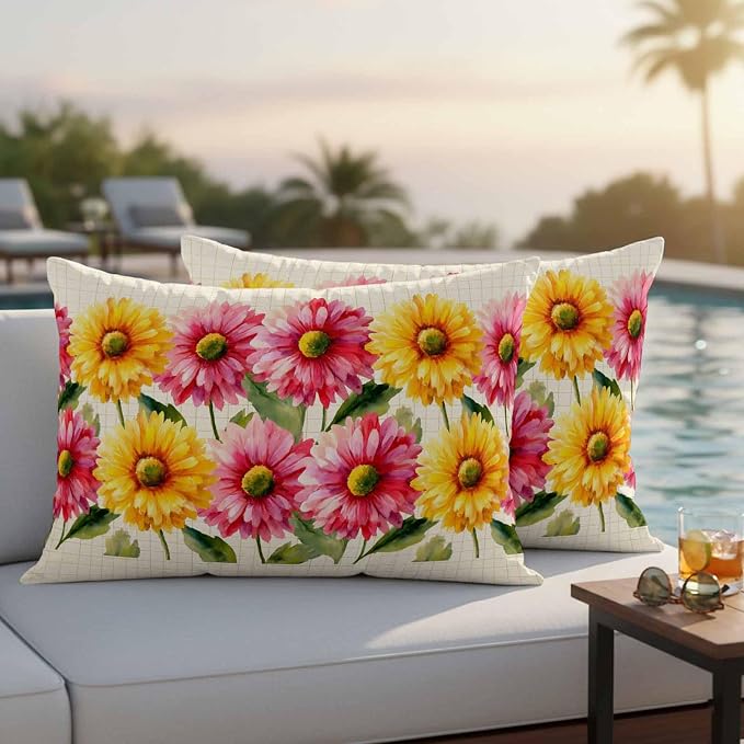 Yellow Pink Daisy Outdoor Pillow Covers 20"x12" Set of 2, Rustic Farmhouse Boho Yellow Plaid Waterproof Throw Pillow Covers for Patio Furniture, Decorative Cushion Covers for Porch