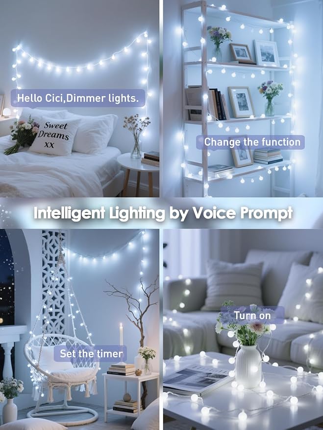 Connectable Globe String Lights Indoor 100LED Smart Fairy Lights Plug in | Voice Controlled, 43FT White Classroom Light, 12 Modes, Timer & Remote, Waterproof Christmas Light for Bedroom Party Decor