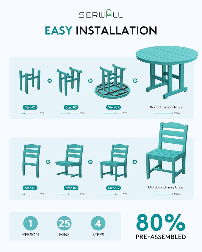SERWALL 6-Piece Patio Dining Sets, HDPE Outdoor Table and Chairs Furniture Set with Umbrella, 45" Round Dining Table & 4 Armless Dining Chairs & 1 9FT Umbrella, Aruba(Not Include Umbrella Base)