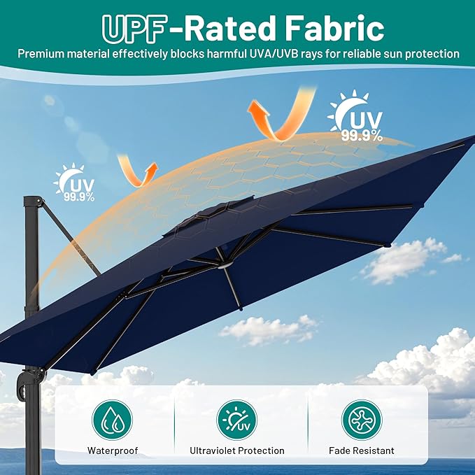 AreShark 9 × 9FT Square Cantilever Patio Umbrella with Base Included, 360° Rotation Offset Outdoor Umbrella, 5 Tilt Settings Heavy Duty Hanging Parasol for Deck Garden Pool, Navy