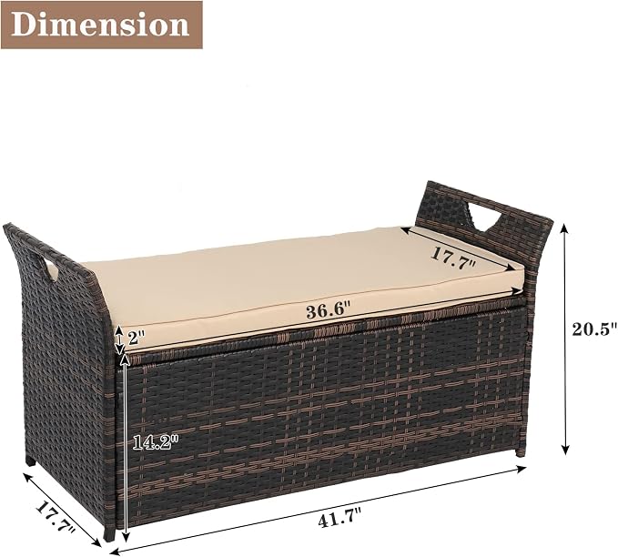 33 Gallon Outdoor Wicker Storage Bench with Cushion, Rattan Storage Box, 2-in-1 Large Capacity Rectangle Garden Storage Box Wicker Deck Box with Handles＆Seat for Backyard, Balcony, Poolside (Brown)