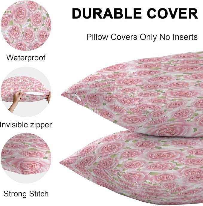 Vandarllin Outdoor Throw Pillows Covers 20x12 inch Set of 2 Waterproof Pink Rose Floral Decorative Zippered Cushion Covers for Patio Furniture, Flowers Leaves Plants Lumbar Pillowcases