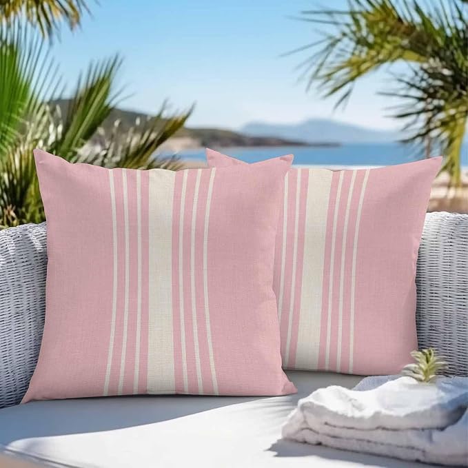 Vandarllin Outdoor Throw Pillows Covers 20x20 inch Set of 2 Waterproof Pink Vertical Stripes Decorative Zippered Cushion Covers for Patio Furniture, Classic Striped Linen Lumbar Pillowcases