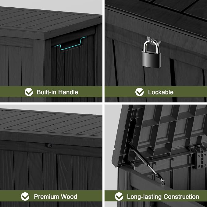 ROJIK 150 Gallon Waterproof Outdoor Deck Storage Box, Lockable Resin Patio Storage Bin with Lid for Garden Tools, Patio Cushions & Outdoor Accessories(Black)