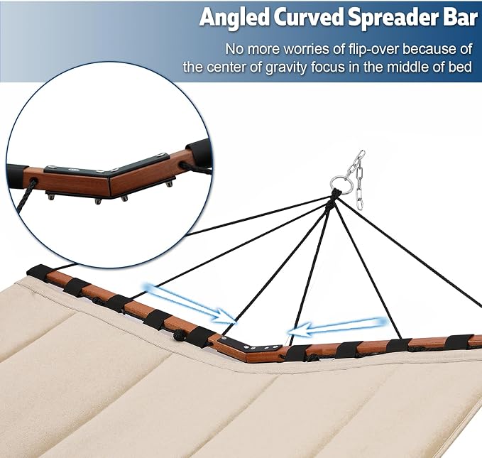 TegerDeger 12FT 2 Person Hammock with V Shaped Hardwood Spreader Bar & Nylon Rope for Outside, Patio, Garden, Backyard, Beach, Poolside, 450LB Capacity, 55in x 79in - Beige