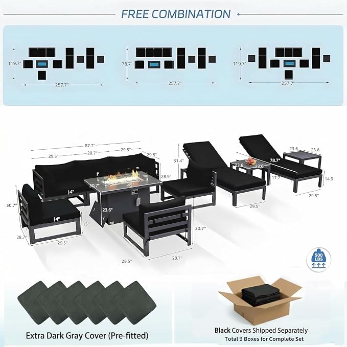 NICESOUL Oversized Modern Aluminum Outdoor Patio Furniture Set with Lounger & Fire Pit Table, 29" Wide Deep Seating, Rust Fade Resistant Sectional Sofa, 500 lbs Heavy Duty Deck Conversation Set, Black