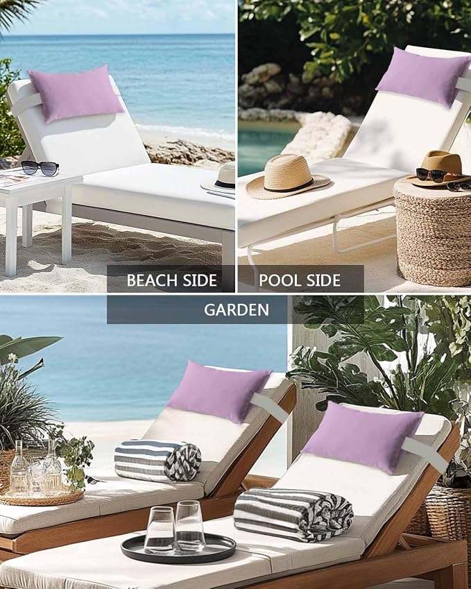 Chaise Lounge Chair Pillow with Strap & Insert Lavender Outdoor Recliner Head Pillow Pack of 2 Solid Purple Color Waterproof Headrest Patio Lumbar Pillow for Beach Pool Office Chair 12x20 Inch