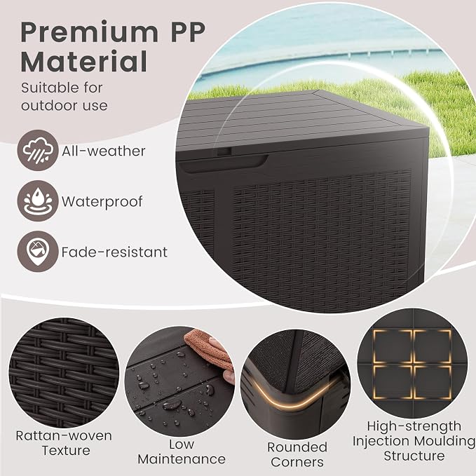 HAPPYGRILL 100 Gallon Resin Deck Box Outdoor Waterproof Storage with Lockable Lid, Rattan Texture Storage Container with Wheels for Pool Accessories, Garden Tool, Patio Furniture Cushion (Brown)
