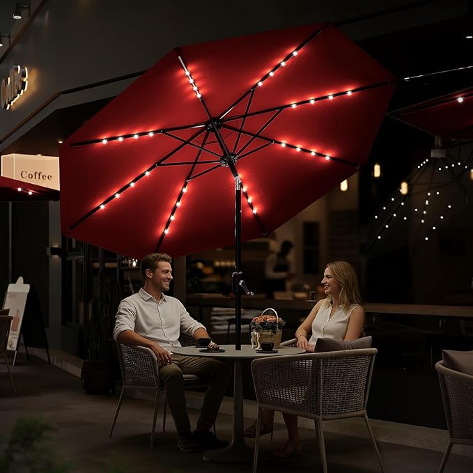 Garvee 9/10 FT Solar Patio Umbrella with 32 LED Lights - Outdoor Table Umbrella with Crank Lift, Push Button Tilt and 8 Sturdy Ribs - Market Umbrella UV Protection for Pool, Deck, Yard, Garden