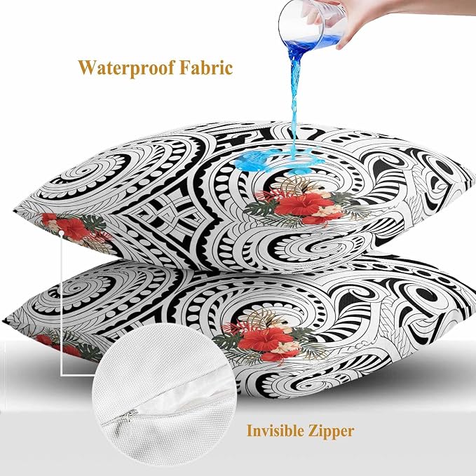 Outdoor Waterproof Throw Pillow Covers Set of 2 Polynesia Abstract Ethnic Pattern Pillowcases 18x18 Inches Boho Style Flower Decorative Pillows Cushion Case Patio Pillows for Couch Bed Chair Garden