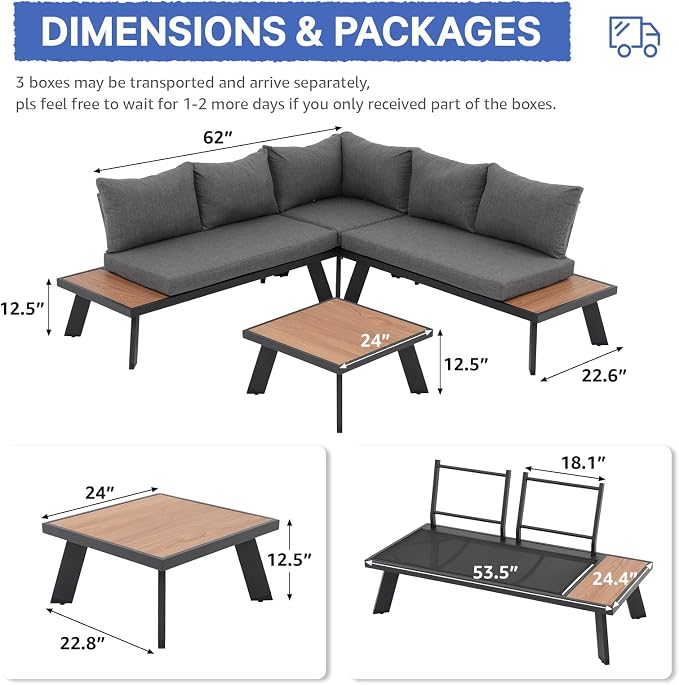 SUNSITT 4-Piece Outdoor Patio Furniture Set L-Shaped Aluminum Sectional Sofa with Faux Wood Grain Top Coffee Table, All-Weather Patio Conversation Set with Cushions, Dark Grey