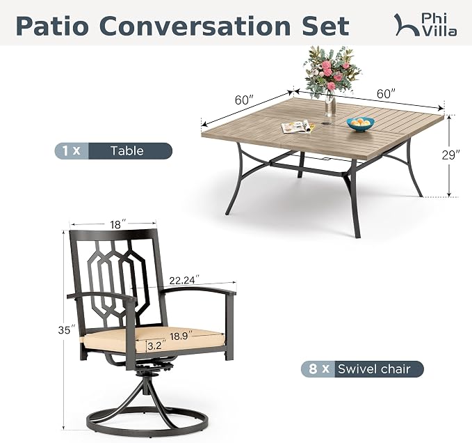 PHI VILLA 9 Pcs Outdoor Dining Set& Square Wood-Like Wrought Iron Table | Swivel Metal Steel Chairs, Large Outside Furniture Set for Patio, Porch, Deck, Backyard