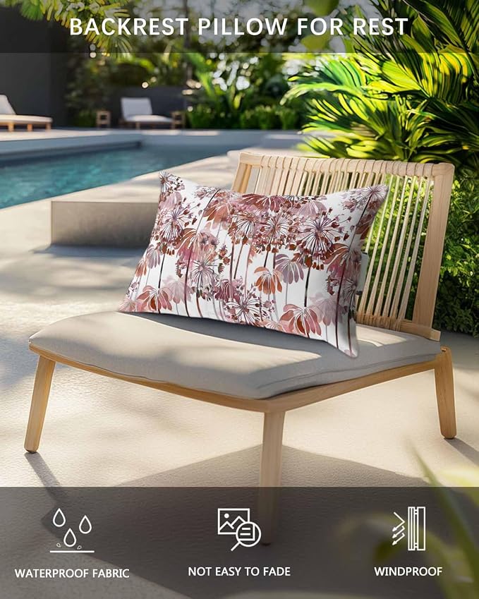Outdoor Pillows Waterproof Covers Set of 2, Red Dandelion Adjustable Elastic Chaise Lounge Headrest Pillow Covers, Spring Bloom Flowers Decorative Lumbar Pillow for Pool Patio Furniture 20x12 Inch