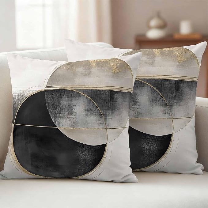 Abstract Art Outdoor Waterproof Throw Pillow Covers Set of 2, 18"x18", Mottled Geometric Moon Black Gold Circle Striped Decorative Pillow Covers Outside Cushion Case for Patio Porch Garden