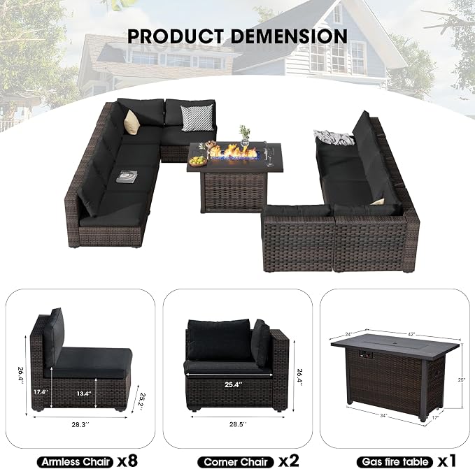 11 Pieces Patio Furniture Set with 44" Fire Pit Table, Rattan Outdoor Sectional Conversation Sets, All Weather Outdoor Furniture Set with Cushions for Garden Lawn Balcony Porch Deck Black