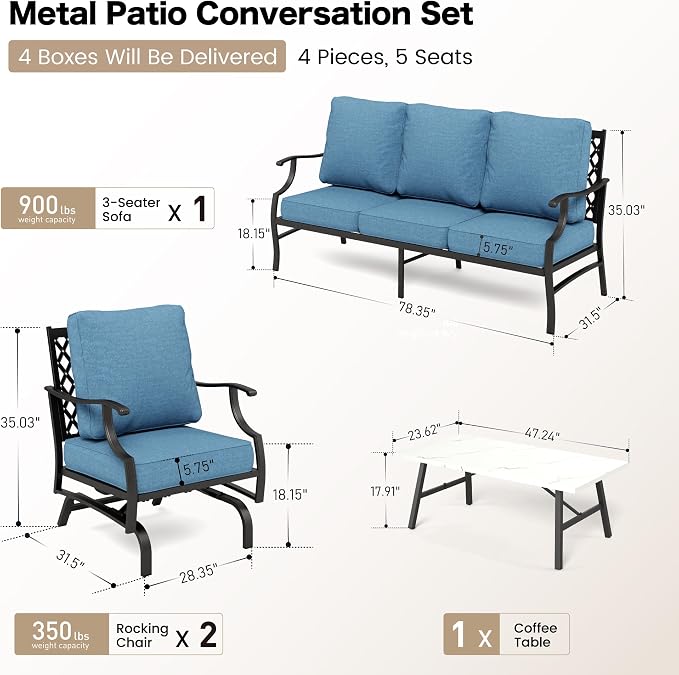 SUNSHINE VALLEY 4 Piece Metal Outdoor Patio Furniture Set, Patio Conversation Set 1 3-seater Sofa, 2 Rocking Chair with 5.75" Extra Thick Cushion and Coffee Table, Black Frame Backyard Furniture, Navy
