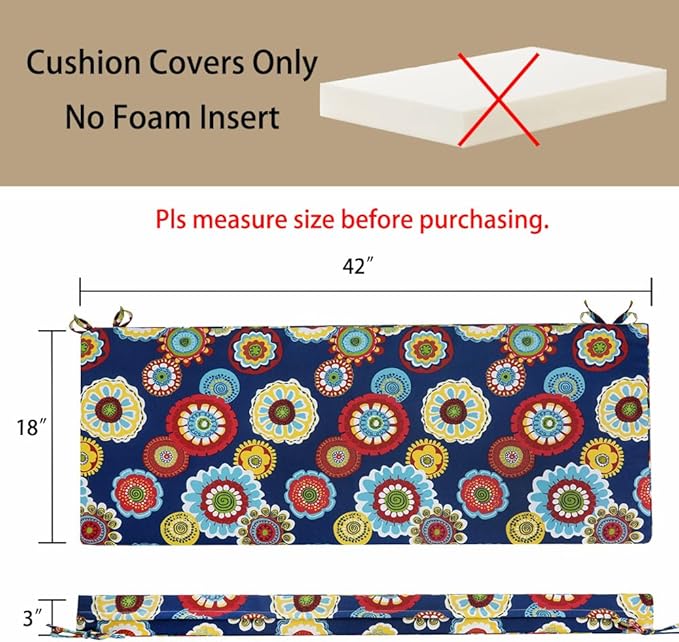 Magpie Fabrics Patio Bench Cushion Cover 42x18x3 Inch, NO Insert! Water&Fade Resistant Outdoor Loveseat Replacement Cover with Zipper (Floral Navy)