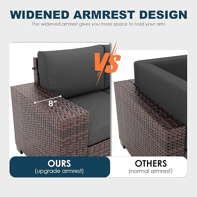 Patio Furniture Set with Fire Pit Table 5 Piece, Outdoor Conversation Sets Brown Wicker Rattan Sectional Sofa for Deck Garden Backyard, 4'' Thickened Cushion Dark Grey