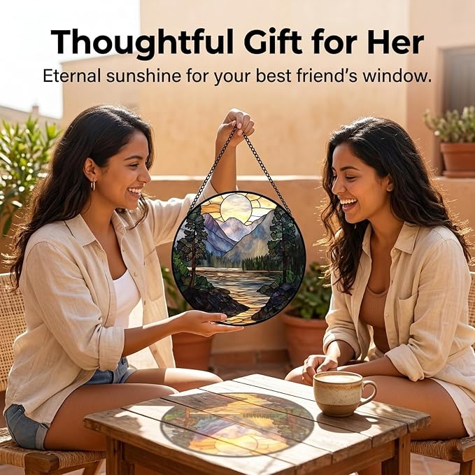Birthday Gifts for Women - Sunset Mountain Landscape Faux Stained Glass Window Hanging Sun Catcher Mother's Day for Mom Nana Friend Grandma Wife and Door Garden Acrylic Decor 6.3"