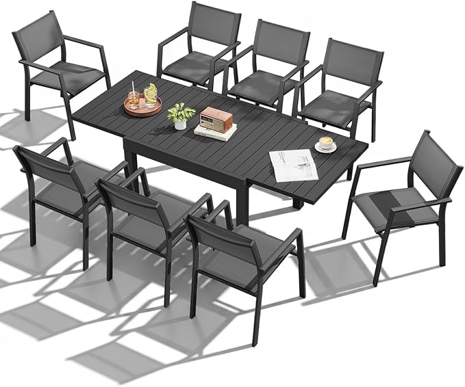 9 Pieces Outdoor Dining Set, Never-Rust Aluminum Extendable Dining Table Set, 38"-77" Expandable Dining Table and Stackable Patio Dining Chairs, Patio Dining Set for Porch, Yard, Deck, Black