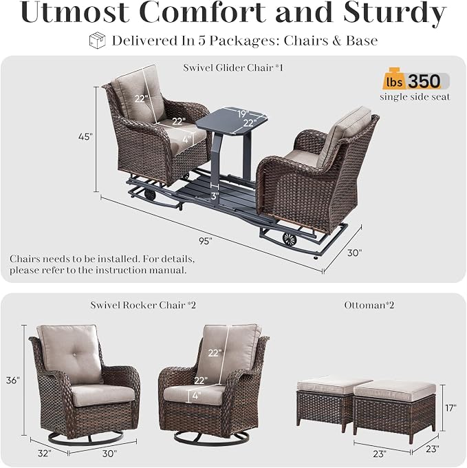 Rilyson Luxury Wicker Outdoor Conversation Set with Glider Rocker Chairs, 5 Pieces Patio Furniture Set with Rattan Swivel Rocker Chairs and Ottomans All Weather Brown/Beige