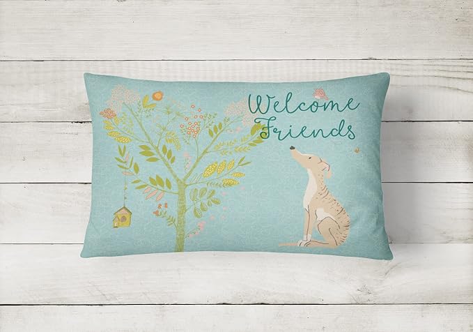 Caroline's Treasures BB7591PW1216 Welcome Friends Brindle Greyhound Canvas Fabric Decorative Pillow Machine Washable, Indoor Outdoor Decorative Pillow for Couch, Bed or Patio, 12HX16W