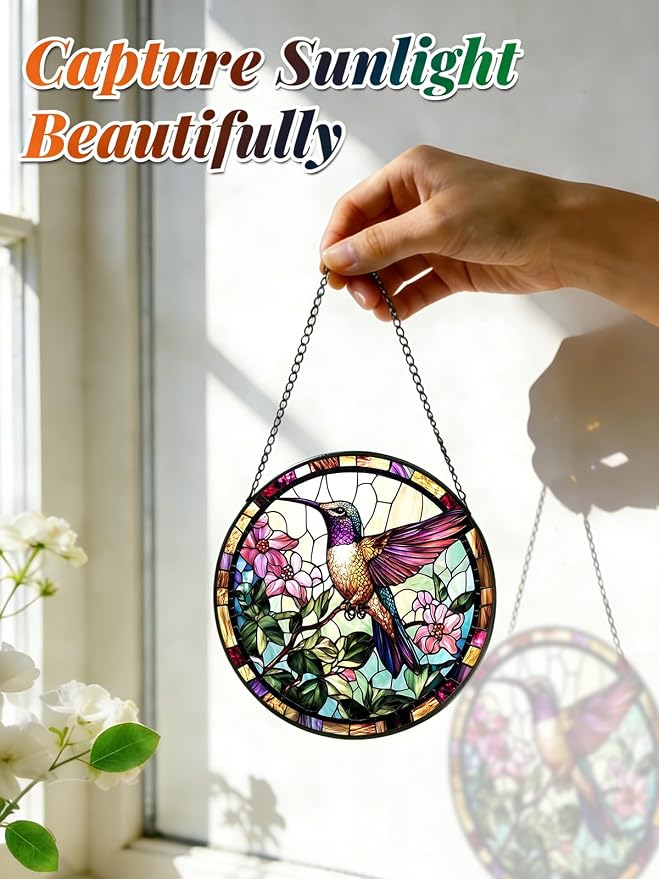 Hummingbird Stained Glass Suncatcher Window Hanging Flowers Gifts for Mom | 6.3in Garden Sun Catcher, Bird Pink Flowers Ornament for Door Home, Gift for Bird Lovers Grandma & Mother's Day Christmas