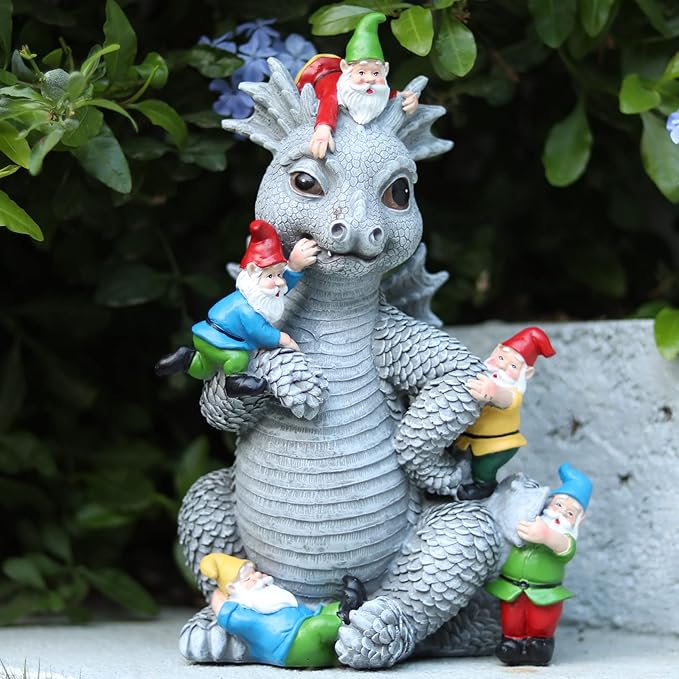 Dragon Garden Statue, Dinosaur Play with Gnomes Garden Statues, Garden Gift | 13'' Resin Porch Dinosaur Garden Dragon for Yard, Patio, Porch, Lawn, Outdoor Decor and Gifts for Mother Grandma or Father