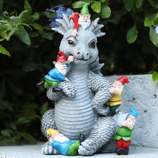 Dragon Garden Statue, Dinosaur Play with Gnomes Garden Statues, Garden Gift | 13'' Resin Porch Dinosaur Garden Dragon for Yard, Patio, Porch, Lawn, Outdoor Decor and Gifts for Mother Grandma or Father