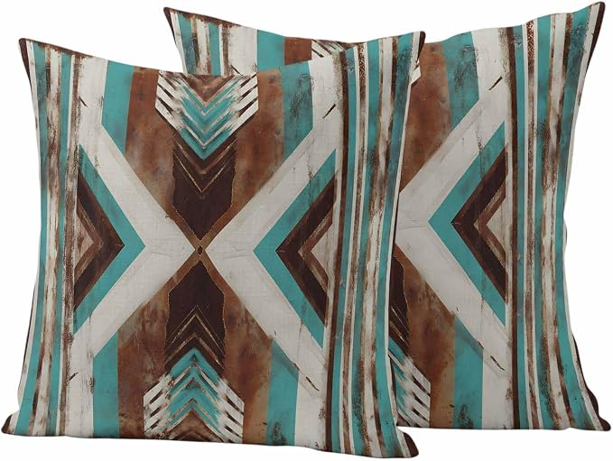 Aztec Southwestern Outdoor Pillow Covers 18"x18" Set of 2, Vintage Abstract Brown Turquoise Diamond Waterproof Throw Pillow Covers for Patio Furniture, Decorative Cushion Covers for Porch