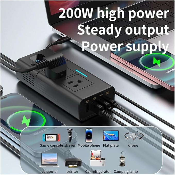 Car Converter 200W Inverter Power Converter 12V Vehicles 6 Output Ports QC 3.0 PD LCD Screen Universal
