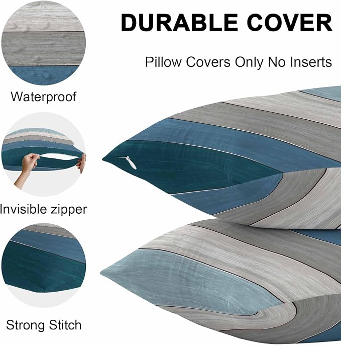 Outdoor Throw Pillow Covers 12X20 Set of 2 Waterproof Ombre Blue Gray Decorative Zippered Cushion Covers for Patio Furniture, Farmhouse Retro Rustic Barn Wood Texture Lumbar Pillowcases Ocean Hues