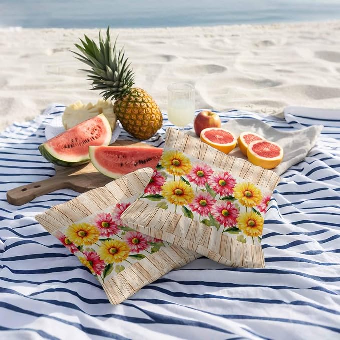 Yellow Pink Daisy Outdoor Pillow Covers 18"x18" Set of 2, Rustic Farmhouse Boho Brown Wood Grain Waterproof Throw Pillow Covers for Patio Furniture, Decorative Cushion Covers for Porch