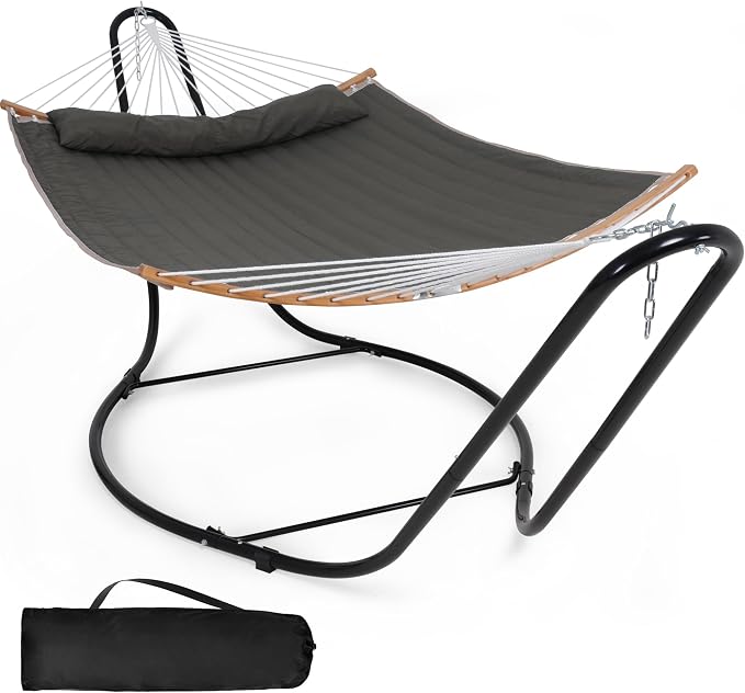 SUNCREAT Double Hammock with Curved Spreader Bar, Hammock with Stand Included 2 Person, Patent Pending, Dark Gray
