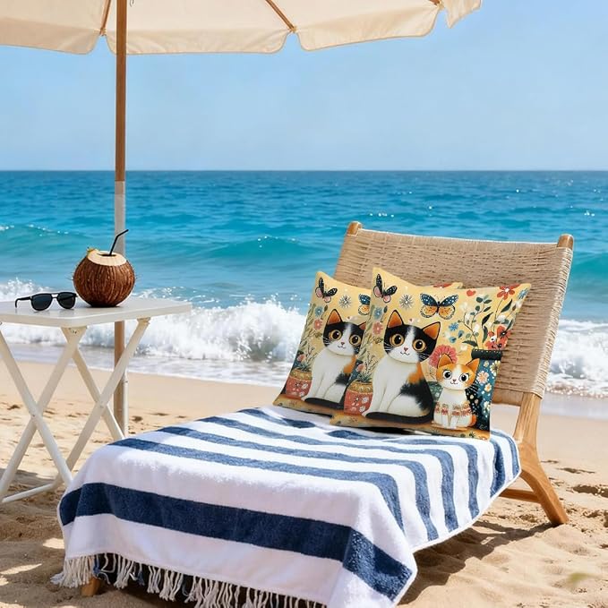 20x20 Inch Outdoor Pillow Covers Set of 2 Waterproof Throw Pillow Covers Decorative Couch Cushion Covers Charming Boho Floral Cats Square Pillowcases Protectors for Patio Garden Sofa