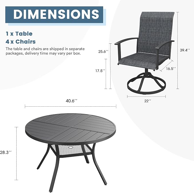 DIFY 5 Pieces Outdoor Dining Set, Metal Patio Table and Chairs Set for 4 with Umbrella Hole, 40.6" Black Round Table and Dark Grey Textilene Swivel Patio Chairs for Garden, Backyard, Poolside