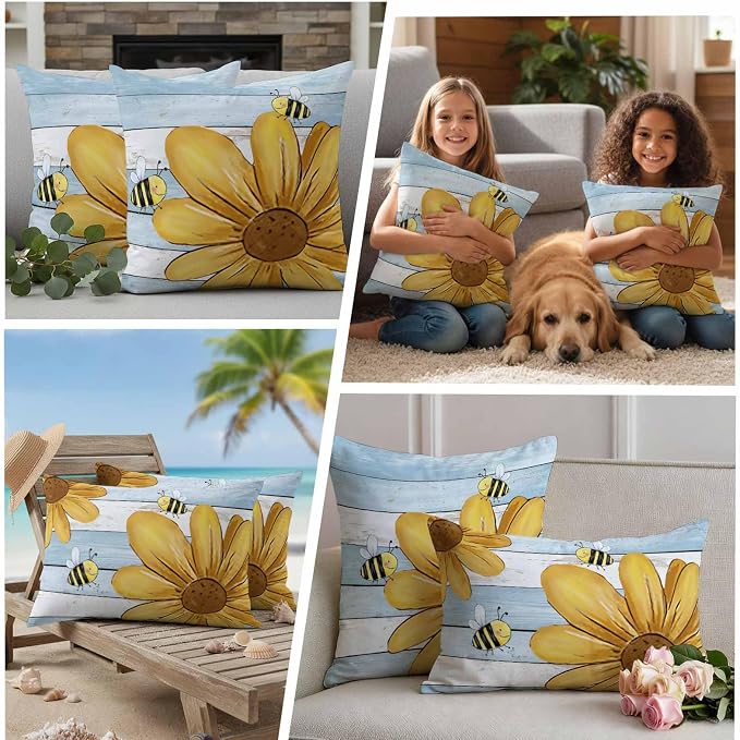 Daisy Flower Honeybees Outdoor Pillow Covers Set of 2 Yellow Farmhouse Floral Blue Wood Grain Waterproof Throw Pillow Cover Decorative Cushion Cases for Patio Porch Garden 18X18 Inch