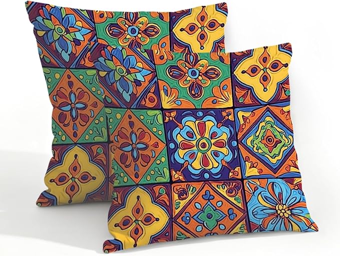 20x20 Inch Outdoor Pillow Covers Set of 2 Waterproof Throw Pillow Covers Decorative Couch Cushion Covers Mexican Floral Checkered Square Pillowcases Protectors for Patio Garden Sofa