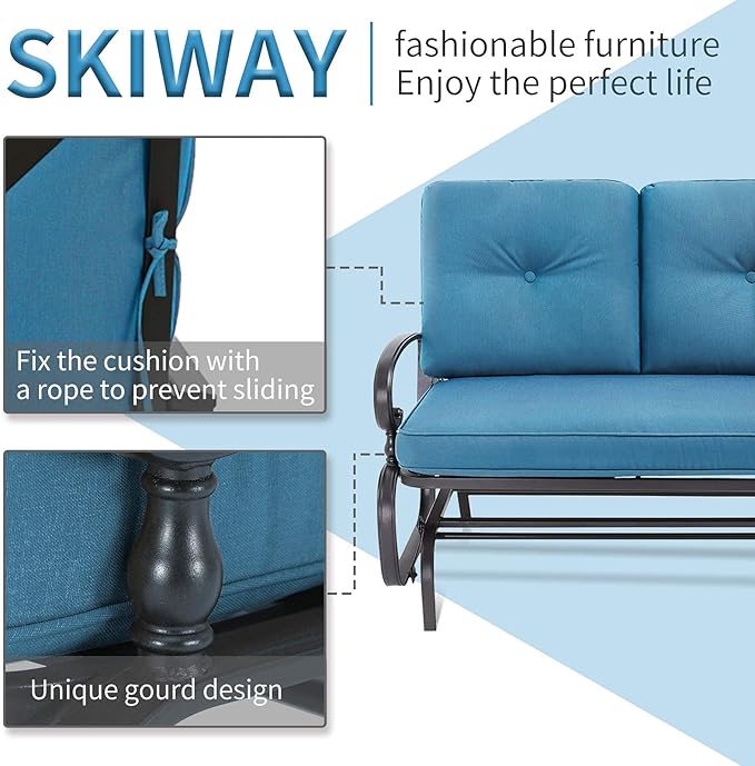 Patio Bench, Porch Glider Outdoor Swing Glider Rocking Loveseat, Steel Frame Chair with Thick Cushion (Peacock Blue)
