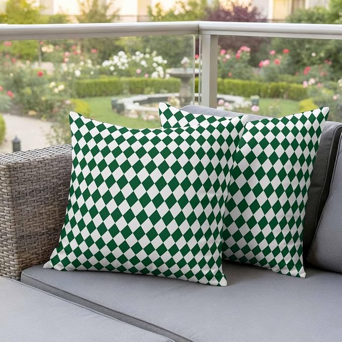 Outdoor Throw Pillow Cover Modern Green White Diamond Waterproof Cushion Covers 2 Pack Minimalist Geometric Plaid Pillow Cases Home Decoration for Patio Garden Couch Sofa
