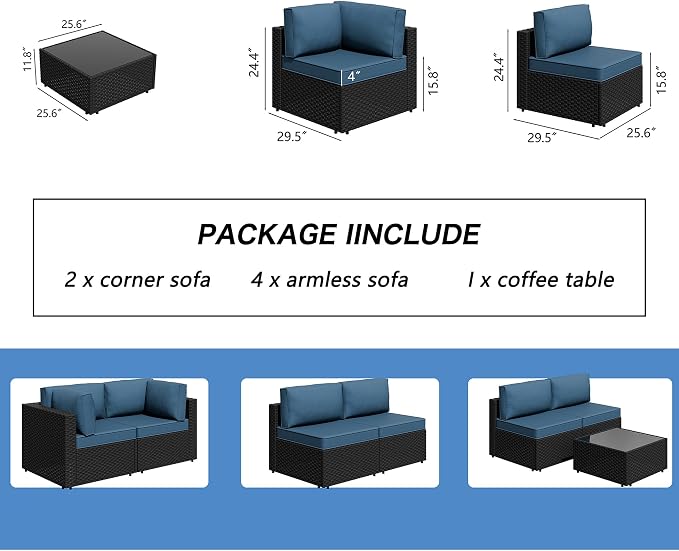 7 Pieces Outdoor Patio Sectional Sofa Couch, Wicker Furniture Patio Conversation Sets with Washable Cushions & Coffee Table for Garden, Poolside, Backyard