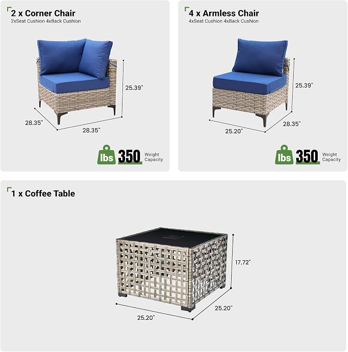 7 Piece Outdoor Patio Furniture with Glowing Coffee Table, Rattan Wicker Conversation Set with Sofa, Sectional Single Chairs for Outside Porch Balcony Backyard Pool,Blue