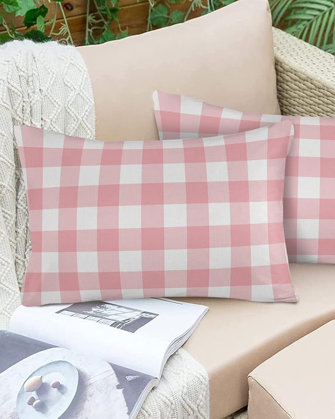 Outdoor Waterproof Throw Pillow Covers Set of 2 Romantic Love Lumbar Pillowcases 20x12 Inches Pink Buffalo Check Plaid Patio Decorative Pillows Cushion Case Patio Pillows for Couch Bed Chair Garden