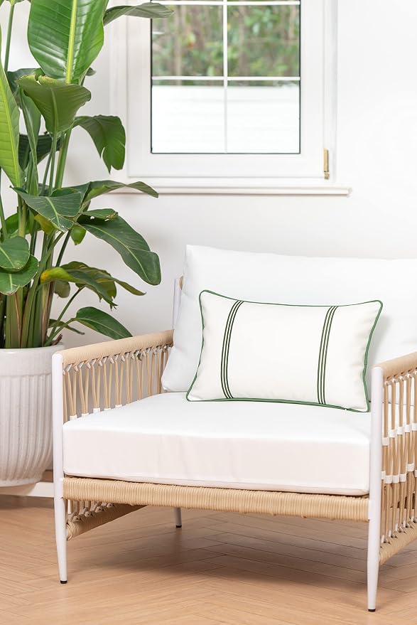 Hofdeco Premium Coastal Patio Indoor Outdoor Lumbar Pillow Cover Only, 12"x20" Water Resistant for Backyard, Couch, Green Embroidered Vertical Line